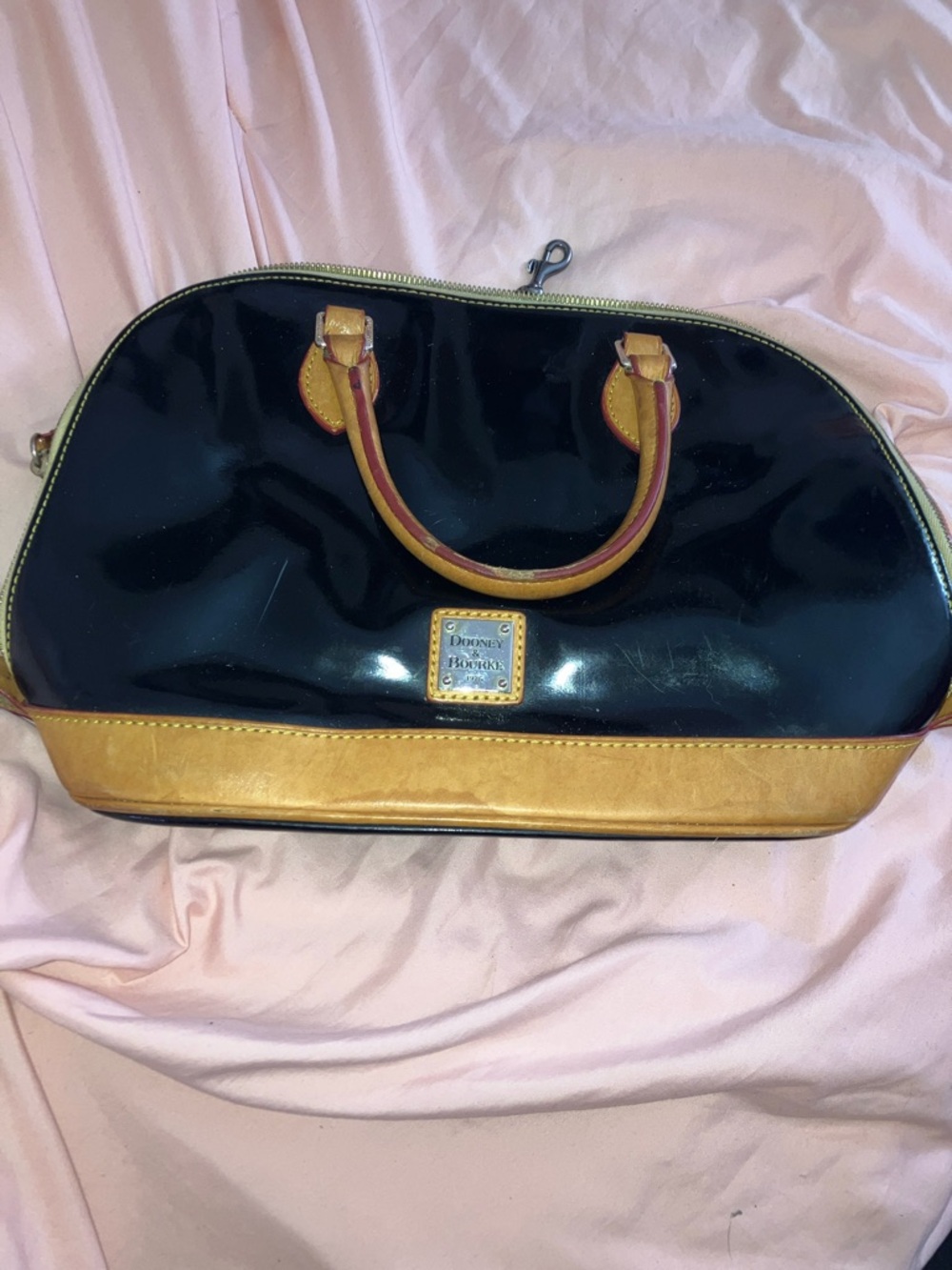 Y2K Dooney & Bourke Black Patent with Tan Leather Trim Satchel